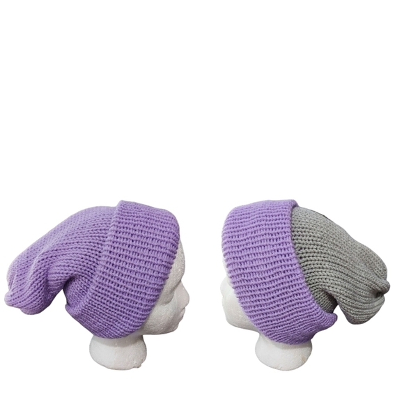 Hand Knit Unisex  Reversable Slouchy Hat In Shades Light Grey & Lilac - Picture 3 of 11